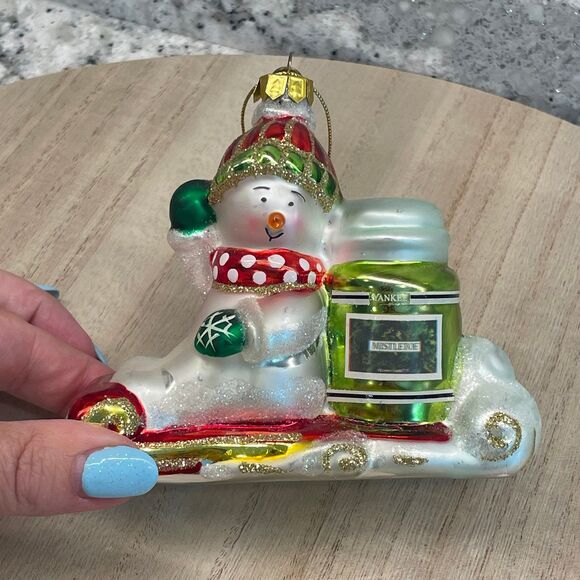 Christmas Blown Glass Style Ornament Snowman on Sled w/ Yankee Candle 2004 - Picture 3 of 8